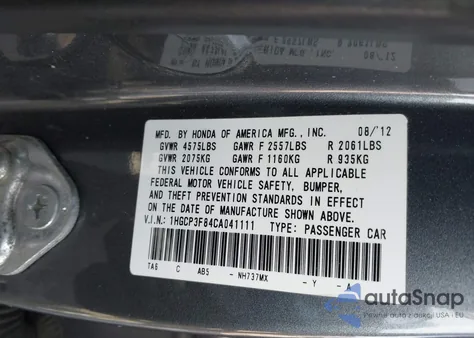 2012 Honda Accord 3.5 Ex-L z USA, uszkodzony, nr VIN 1HGCP3F84CA041111